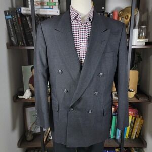 VTG Stafford Men's Double Breast Sport Coat Six Button Charcoal Poly Wool Sz 44R